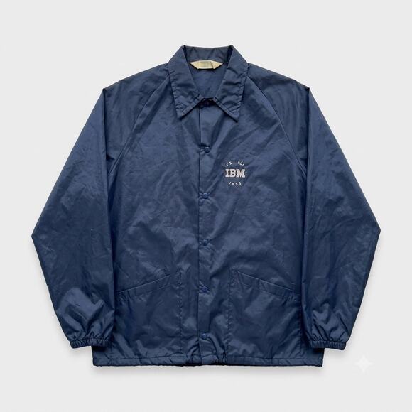 Vintage 80s IBM Employee Windbreaker Rain Jacket Navy Blue Snap Button Mens XL